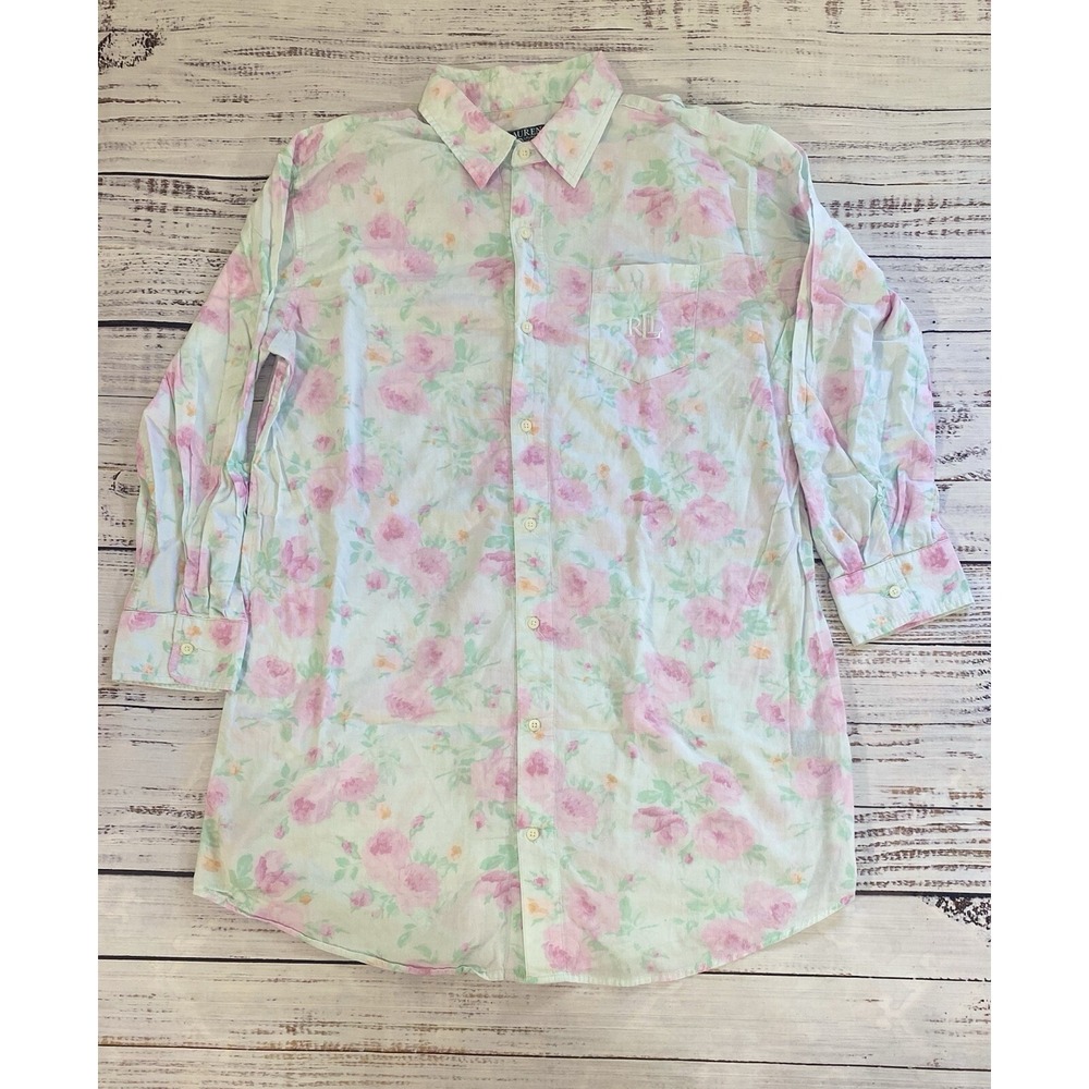 Lauren Ralph Lauren Shirt Men's Medium White Pink Floral 3/4 Sleeve Button-Up